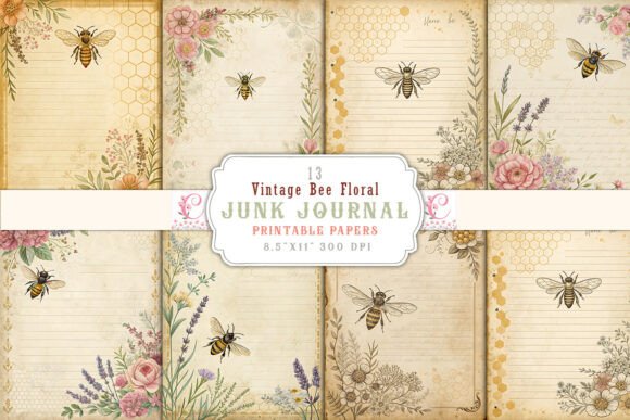 Vintage Bee Floral Junk Journal Pages: A Botanical Escape